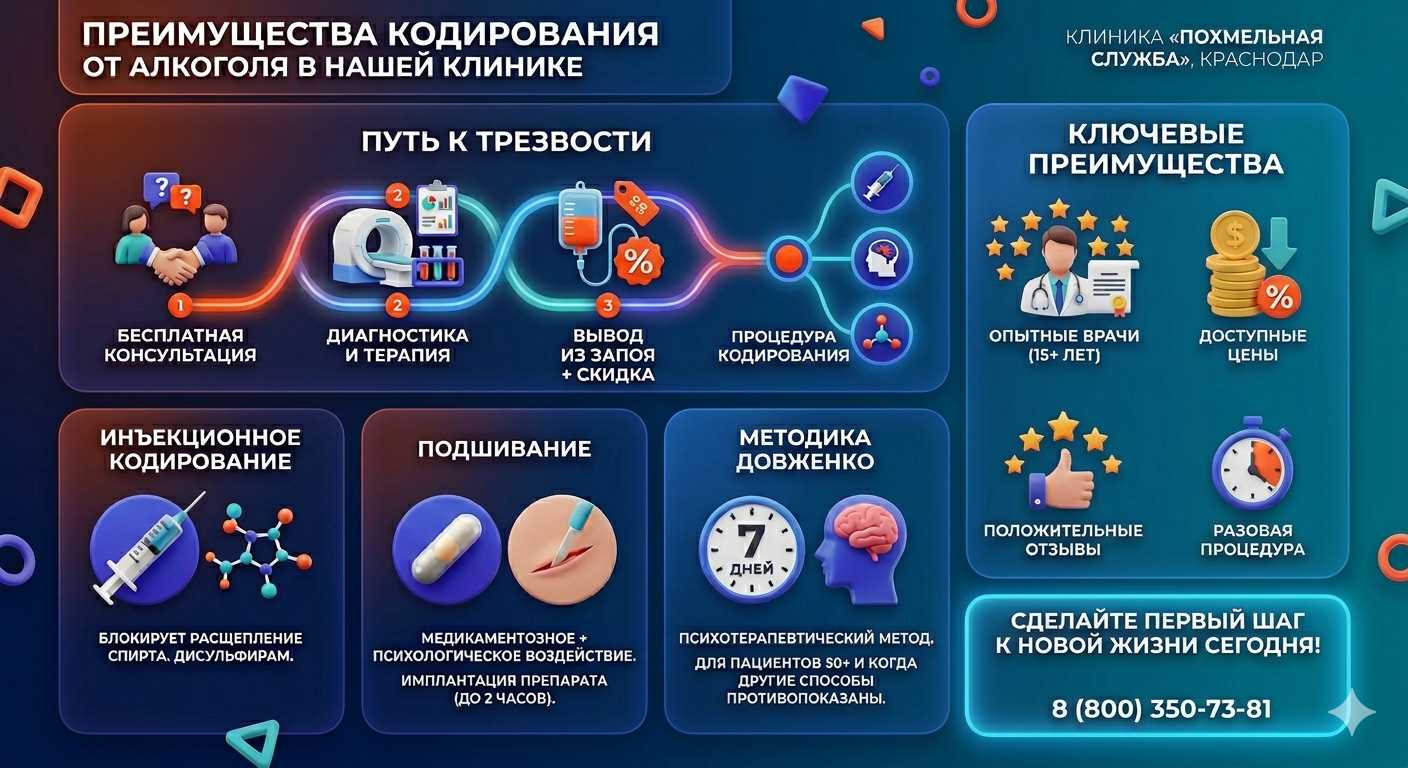 Инфографика о методах кодирования от алкоголя в Наро-Фоминске: инъекции, подшивание, метод Довженко. Преимущества клиники и этапы лечения.